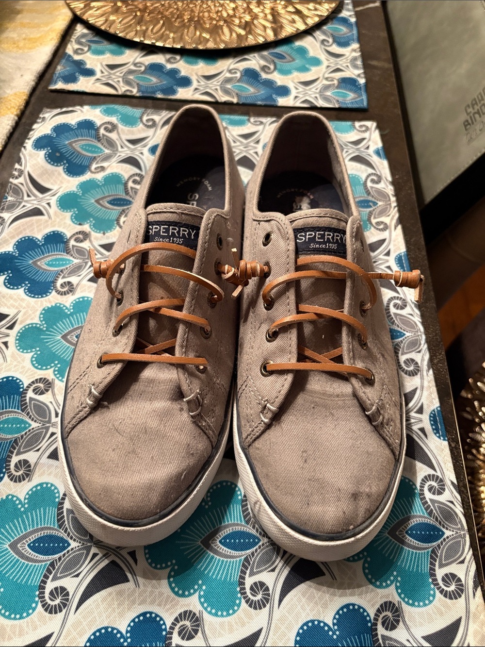 Sperry Taupe Canvas Boat Shoes with Brown Laces
